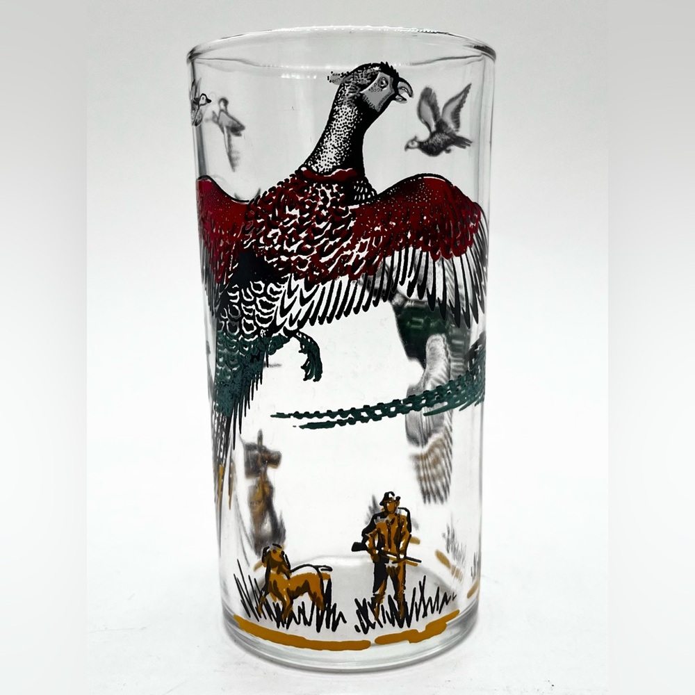 Vintage Hazel Atlas Tumbler Highball Glass Pheasant Bird‎ Hunting Dog 5.25"